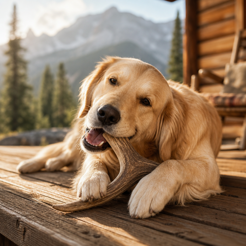 Happy golden retriever chewing a natural elk antler